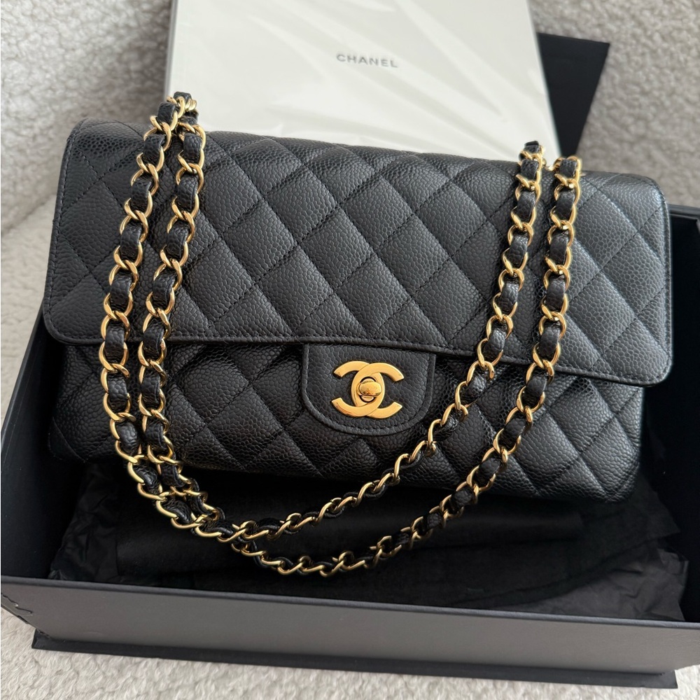 Medium double flap caviar black leather gold Chanel bag brand new